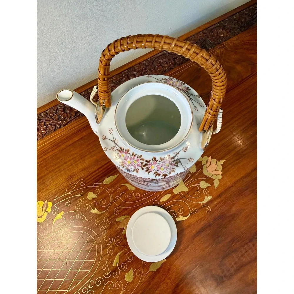 Vintage Cherry Blossom Teapot with Rattan Handle • Porcelain Floral Tea Pot‎
